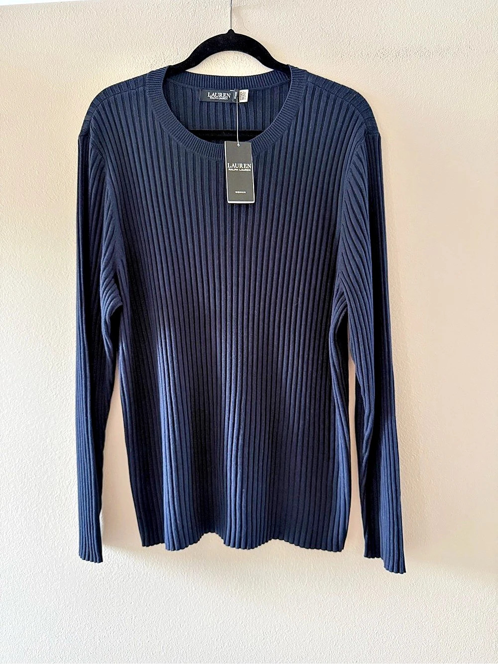 Lauren Ralph Lauren Rib-Knit Crewneck Sweater Navy Blue Silk Blend 3X NEW